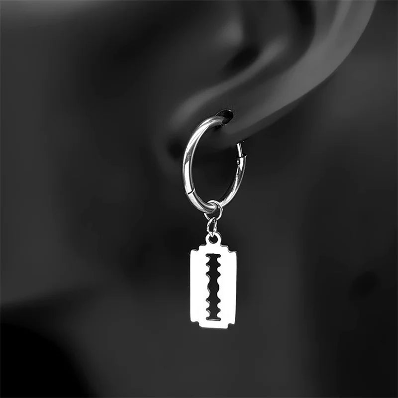 Hip Hop Razor Blade Dangle Earrings For Women Men Stainless Steel Silver Color Male Man Pendant Drop Earring Jewelry
