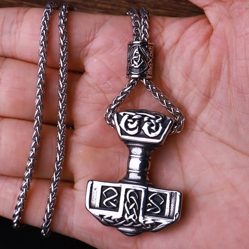 Multi Style Beaded Viking Thor's Hammer Pendant Necklace Stainless Steel Necklace Men Biker Mjolnir Amulet Jewelry