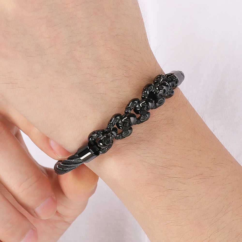 Gothic Men's Skull Bracelet for Man Steampunk 6MM Width Braided Stainless Steel Wire Chain Jewelry