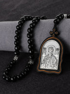 Russian Orthodox Icon Wood Rosary Pendant Necklace Prayer Beads