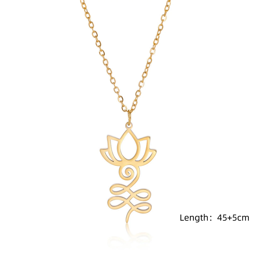 Unalome Lotus Flower Pendant Necklace — Stainless Steel Chain