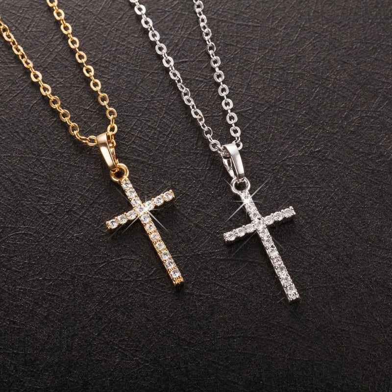 Fashion Gold Silver Crystal Christian Jesus Cross Pendant Necklaces Women New Clavicle Chain Necklace Collar Jewelry Gift