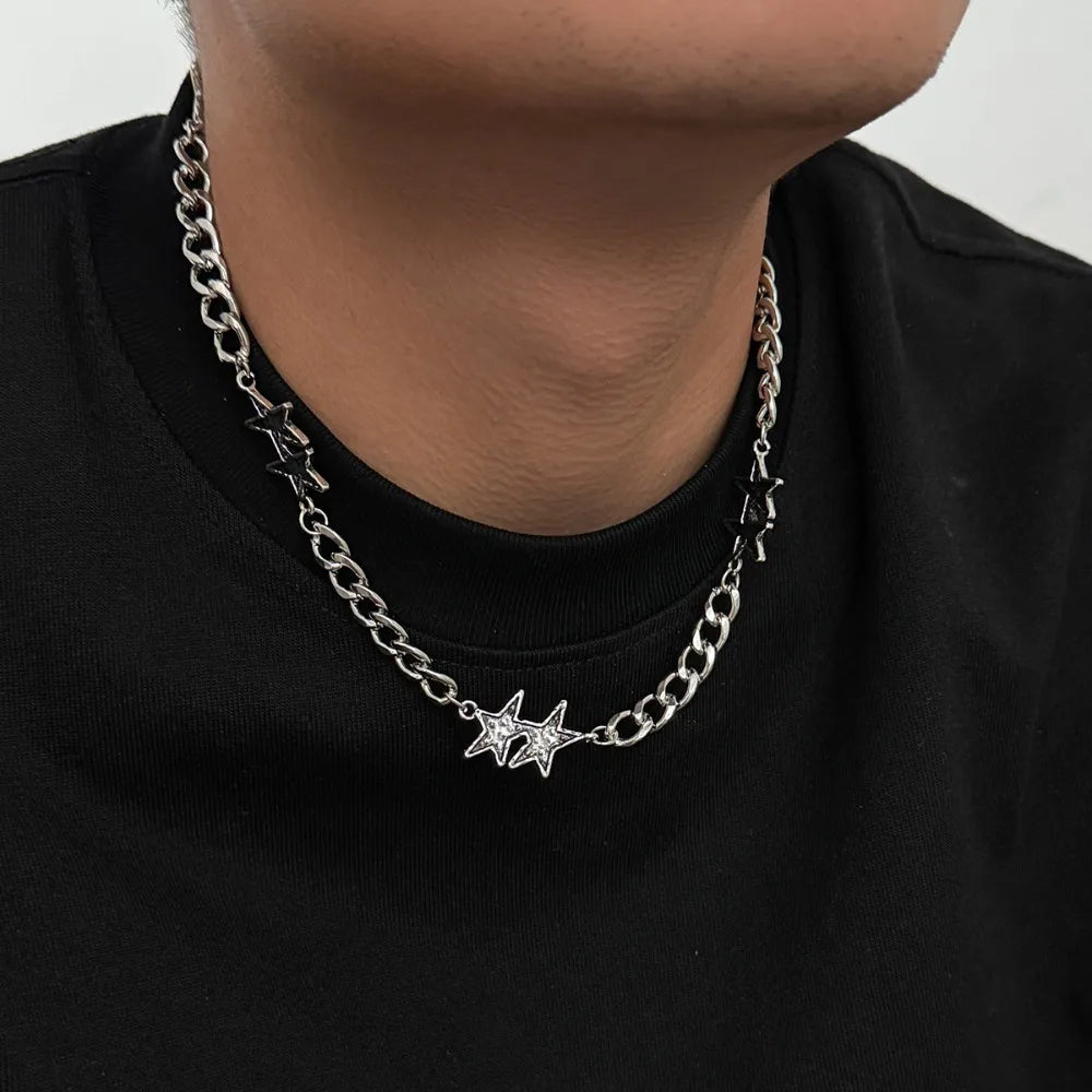 Grooved Five-Point Star Chain Necklace — Silver