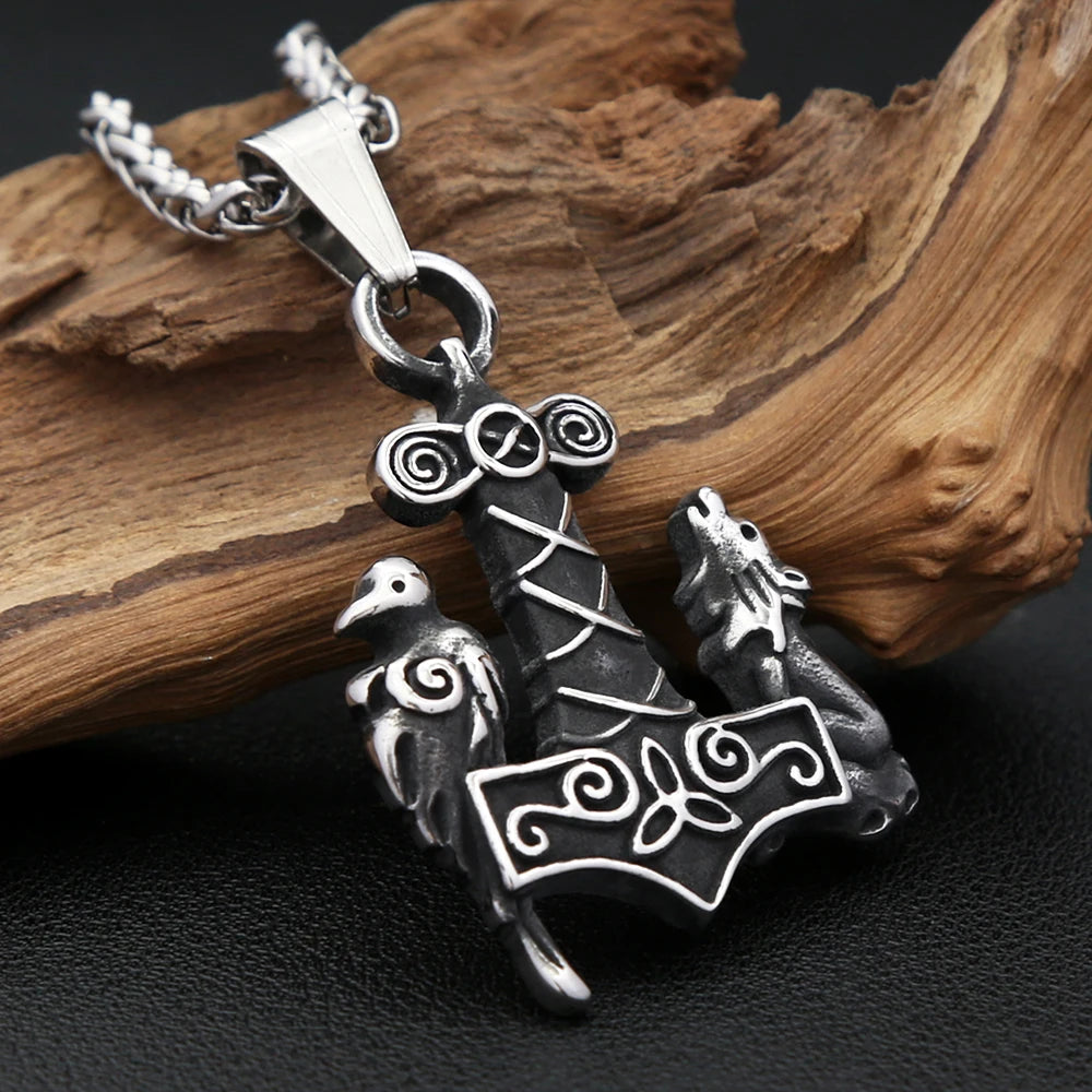 Viking Thor Hammer Wolf Pendant — Stainless Steel