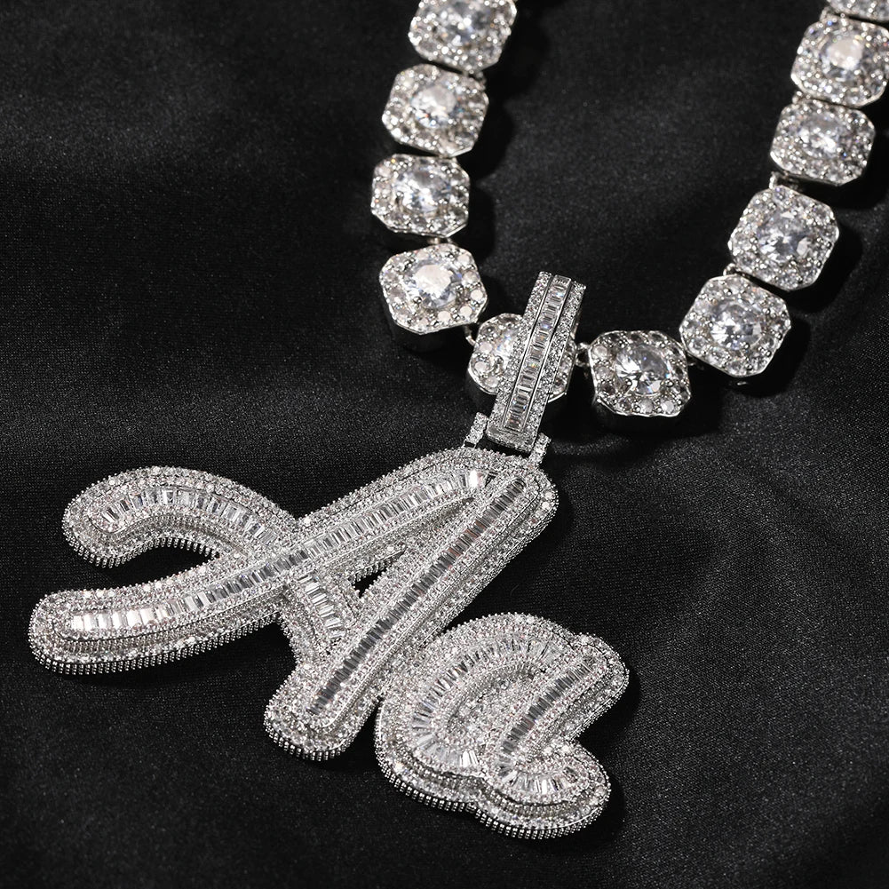 TBTK Custom Baguettecz Cursive Letter Name Pendant Iced Out Cubic Zirconia Personalized Chain Necklace Hiphop Jewelry