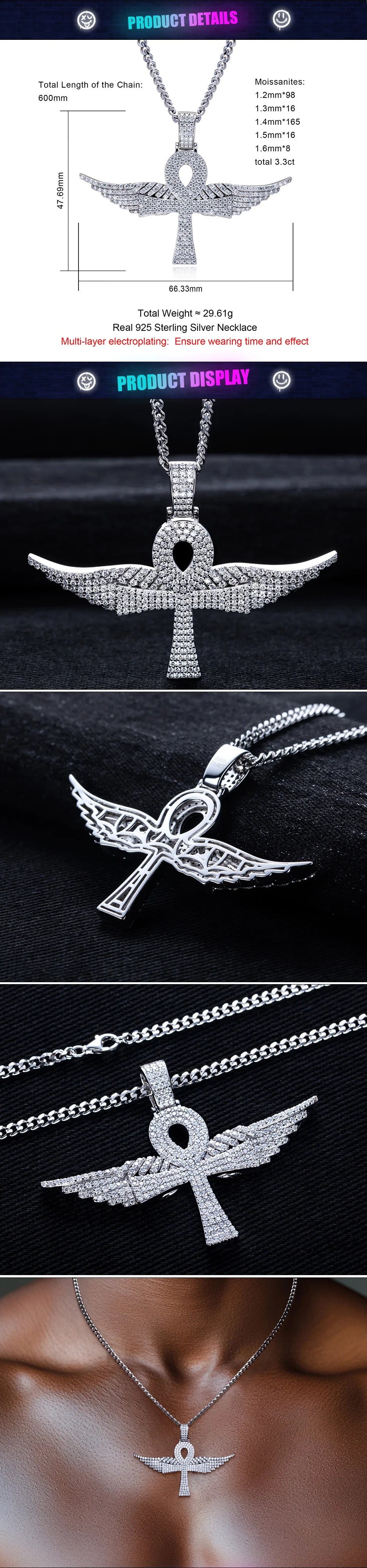 Iced Out Angel Wing Cross Pendant — 925 Silver
