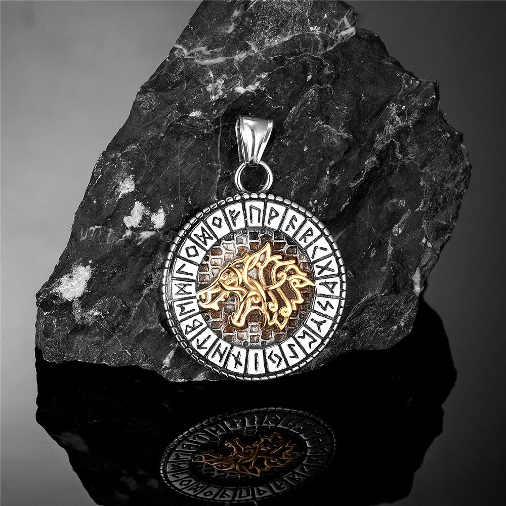 Viking Norse Mythology Odin Wolf Necklaces Men Gold Color Fenrir Rune Pendant Talisman Stainless Steel Male