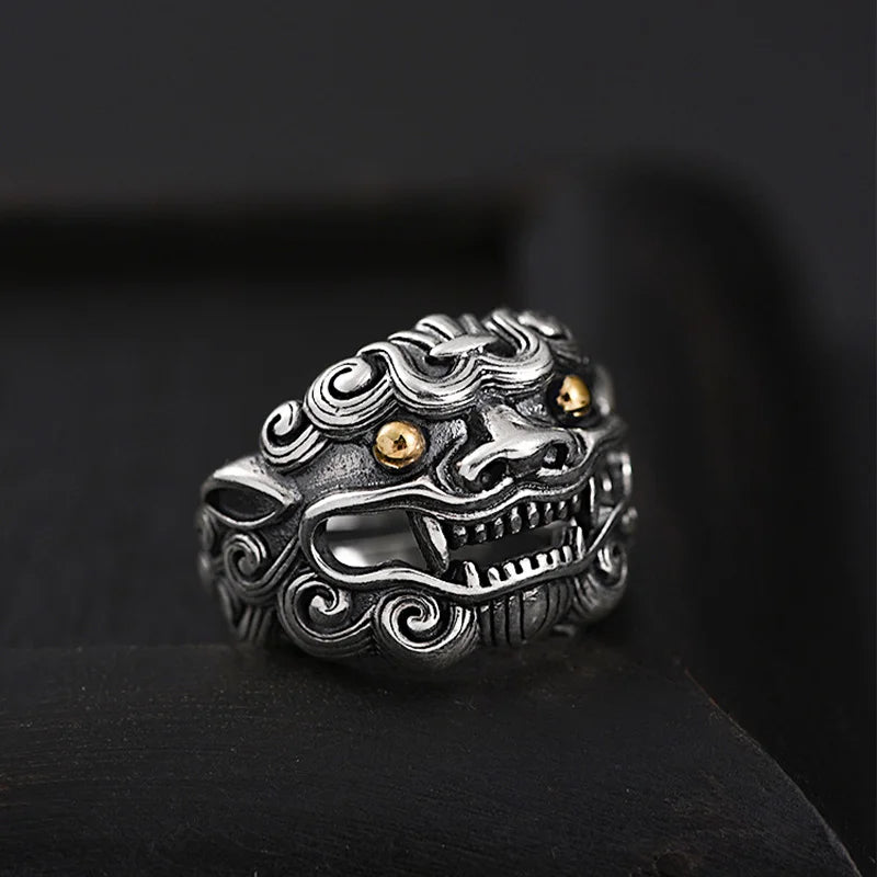 Retro Golden Eye Tang Lion Ring For Men Punk Gothic Open Ring Designer Jewelry Unisex Accessories Cultural Bless Gift