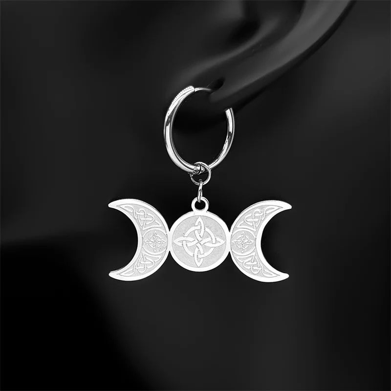 Celtic Steel Earrings Wicca Triple Moon Crescent