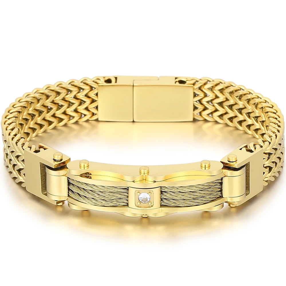Stainless Steel Bracelet for Men 12MM Width Square Franco Link Chain Men's Bracelets With CZ & Magnet Clasp Gold Color