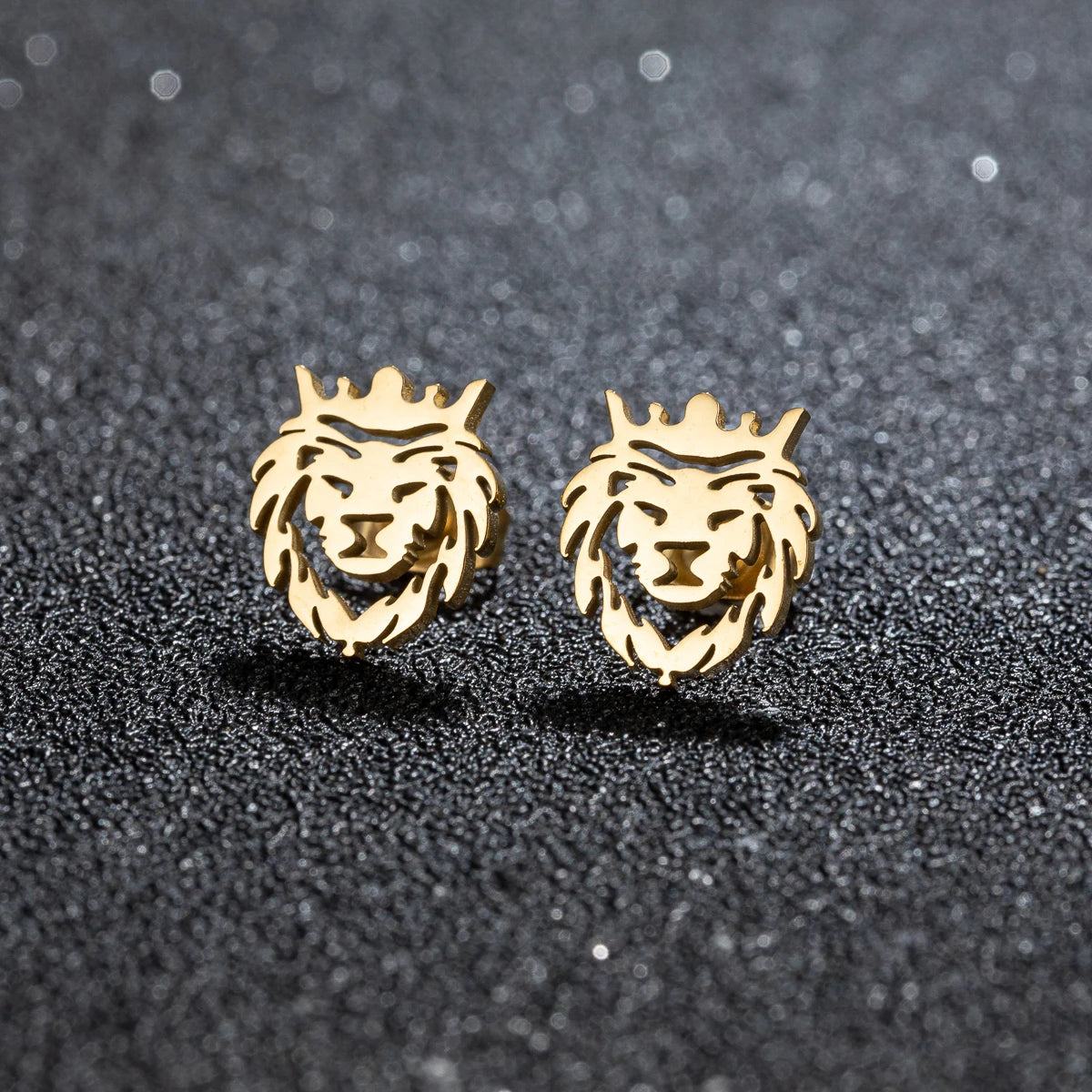 Crown Lion Head Stud Earrings — Hollow Cutout, Stainless Steel