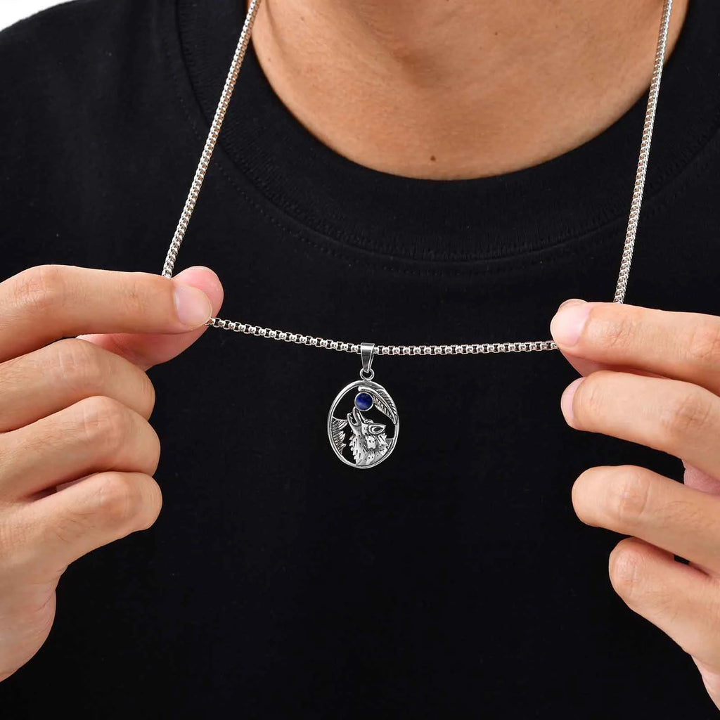 Wolf Head Stone Pendant Necklace — Stainless Steel