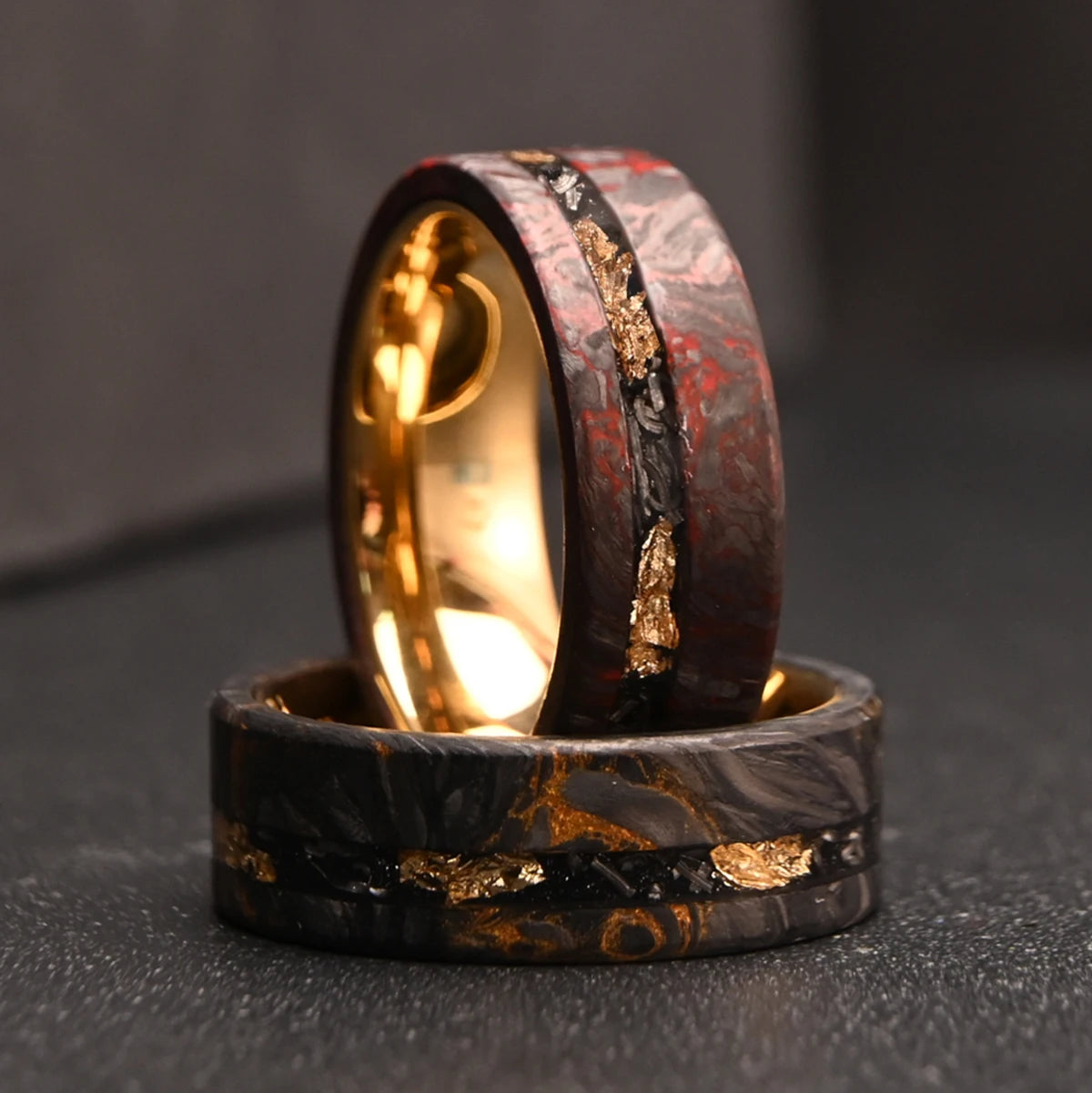 8MM Golden/Red Men's Tungsten Carbide Wedding Bands Fashion Carbon Fiber Ring Luxury Jewelry Inlaid Gold Leaf Meteorite Comfort