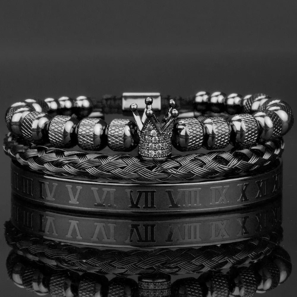 3pcs/Set Luxury Royal CZ King Crown Men Bracelets Roman Numeral Braided Adjustable Pulseira
