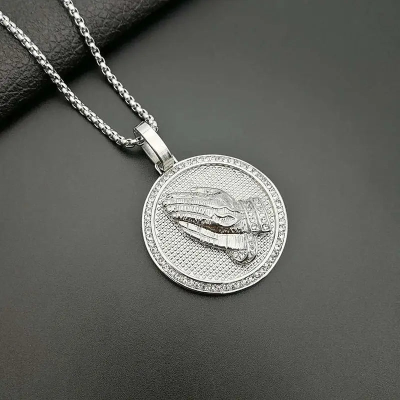 Micro Paved AAA CZ Stone Bling Praying Hand Round Pendant Necklace Gold Color 316L Stainless Steel Men Hip Hop Rock Jewelry