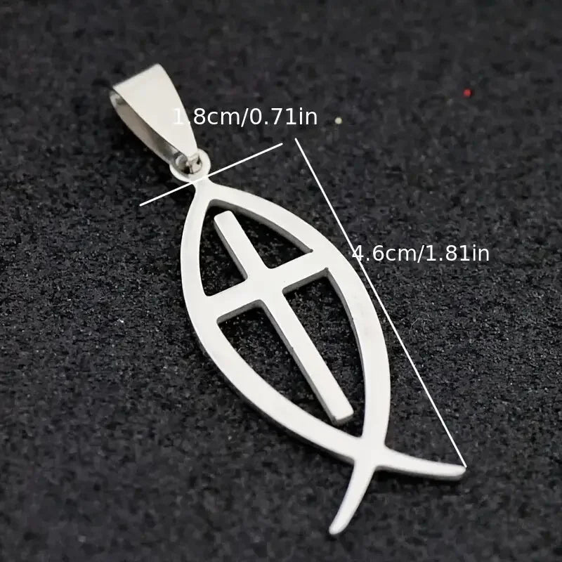 Jesus Cross Fish Pendant Necklace — Stainless Steel