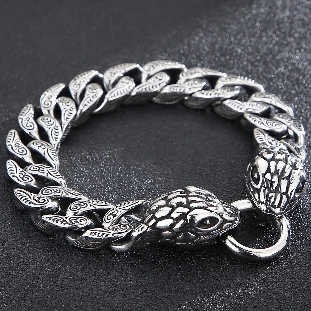 Cool Men's Snake Head Bracelet for Man Male Arm Rings Vintage 15MM Stainless Steel Curb Link Chain Bikers' Jewelry