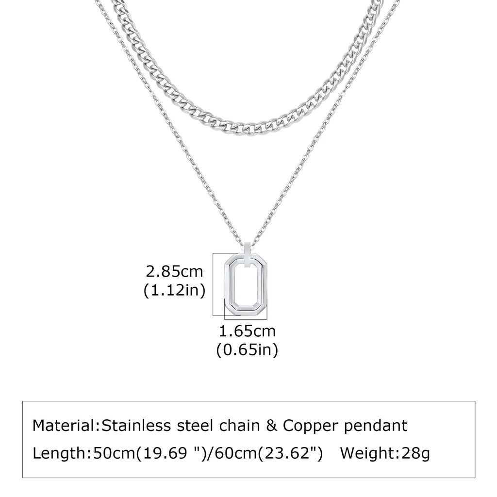 Stylish Geometry Layering Necklaces for Men Women,Silver Color Stainless Steel Rectangle Pendant Neacklace,Birthday