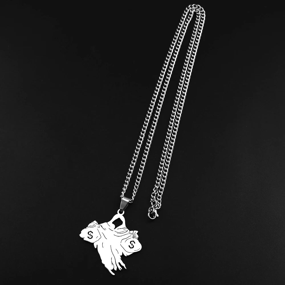 Money Bag Dollar Sign Pendant Necklace — Stainless Steel