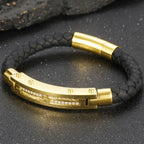 Gold Color Bracelets for Men 8MM Wide Braided Leather Rope Chain Bracelet CZ Stainless Steel Men's Arm Jewelry Birthday