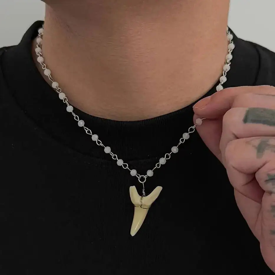 SHIXIN Vintage Exquisite Crystal Beaded Chain Shark Tooth Pendant Necklace Men Trendy Summer Beach Geometric Choker Neck Jewelry