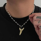 SHIXIN Vintage Exquisite Crystal Beaded Chain Shark Tooth Pendant Necklace Men Trendy Summer Beach Geometric Choker Neck Jewelry