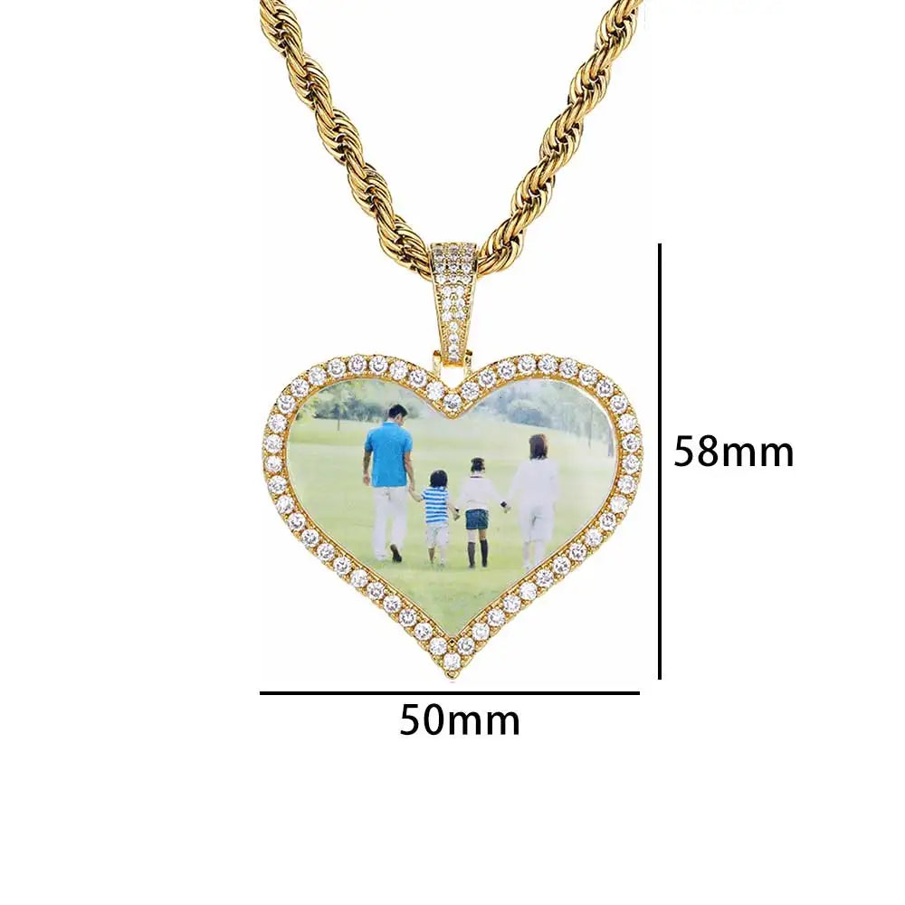 Iced Out Heart Photo Pendant Necklace