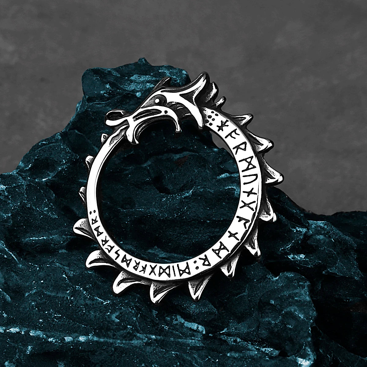 Viking Ouroboros Dragon Necklace — 24 Runes, Stainless Steel
