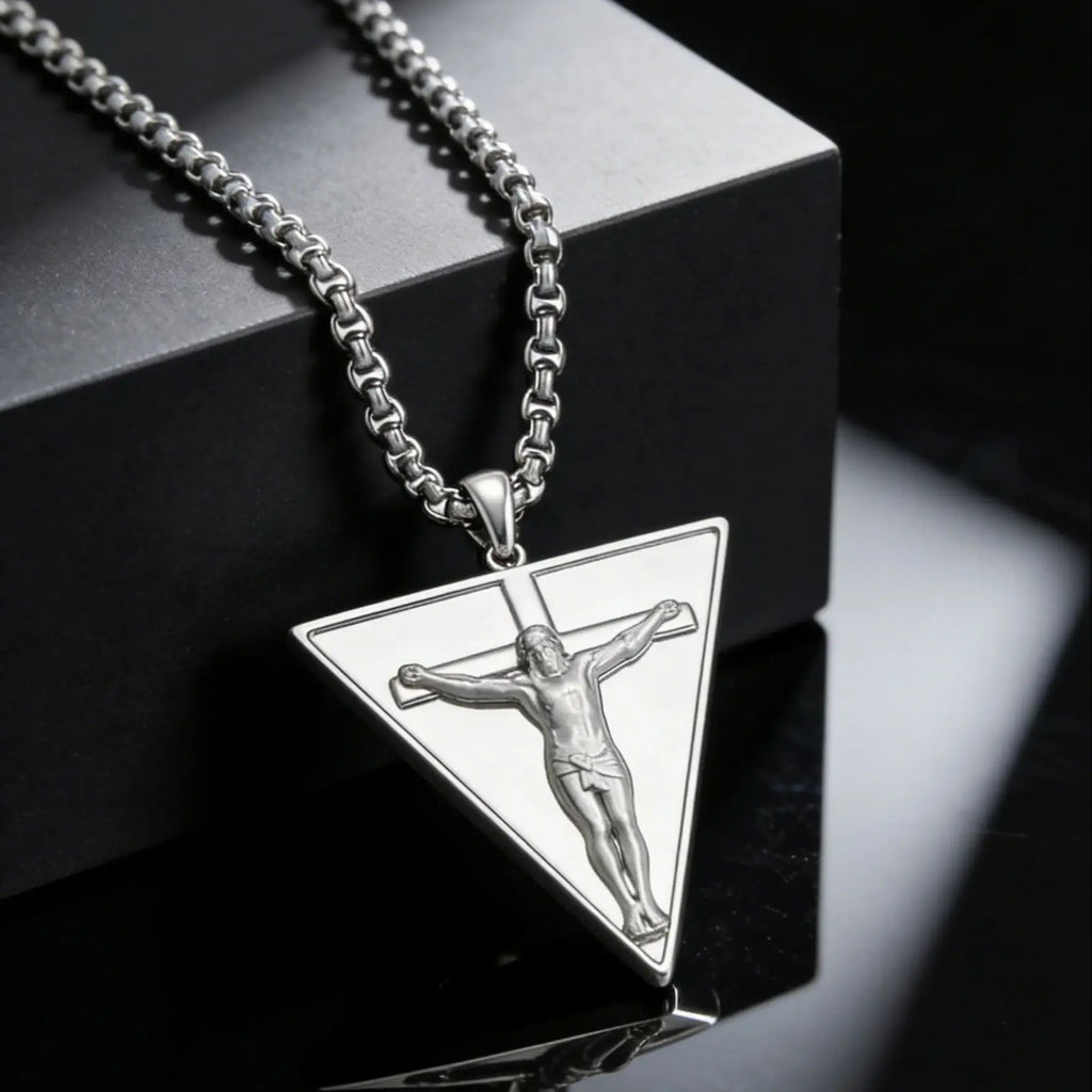 Catholic Jesus Cross Triangle Pendant Necklace — Stainless Steel