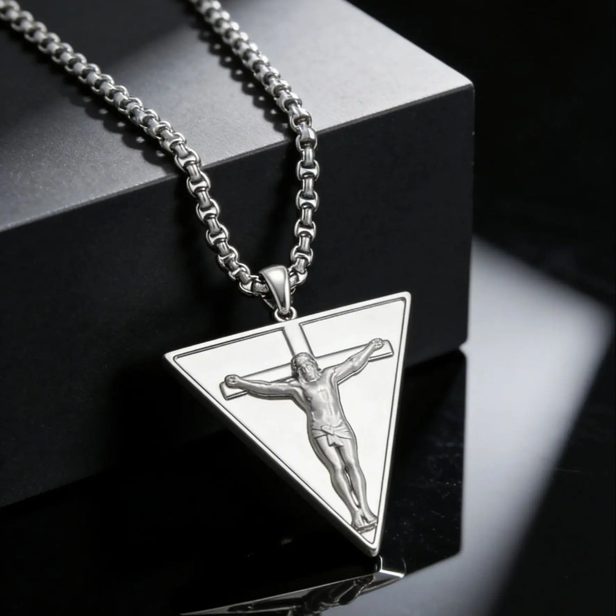 Catholic Jesus Cross Triangle Pendant Necklace — Stainless Steel