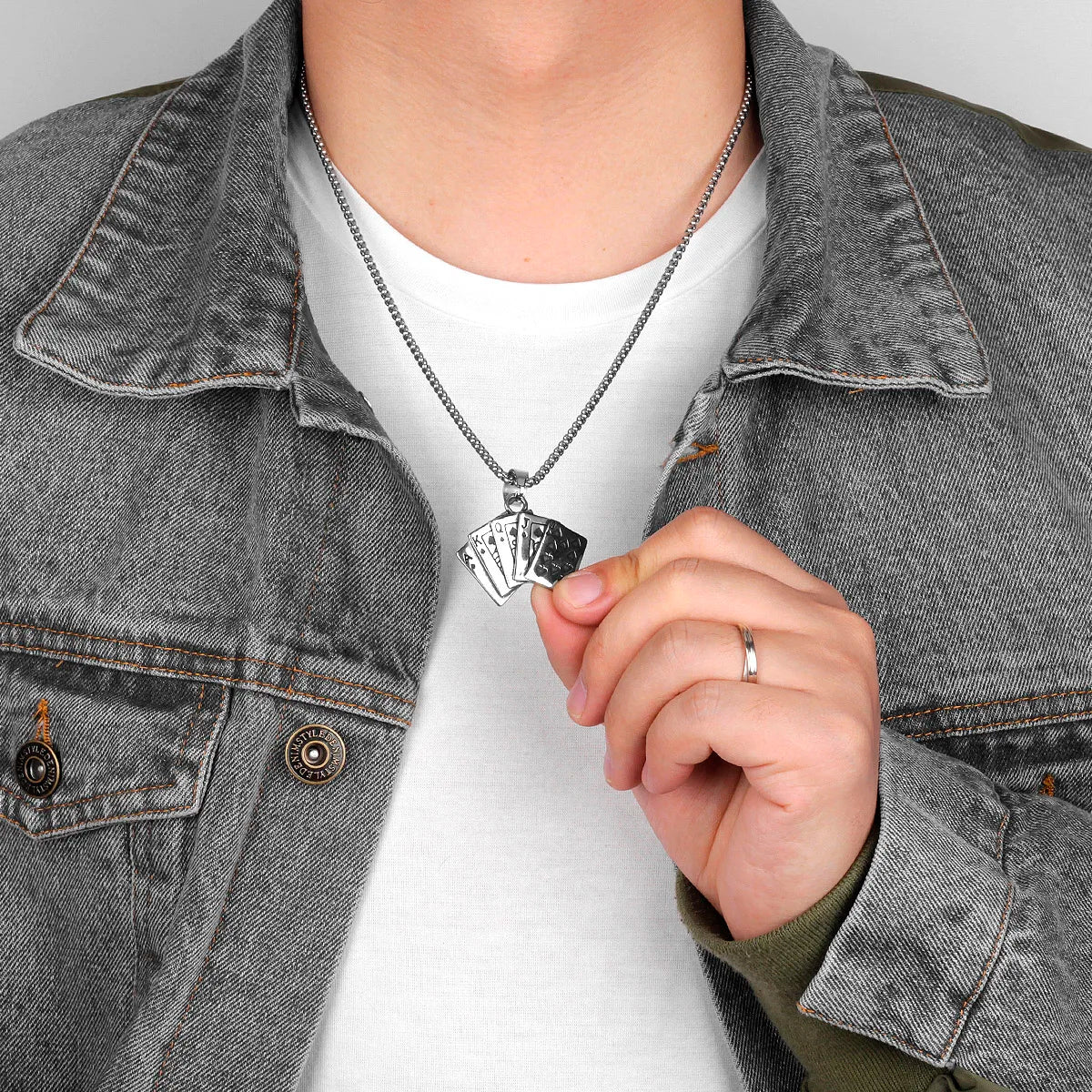 Flush Poker Gambling Long Men Necklaces Pendants Chain Punk for Boyfriend Male Stainless Steel Jewelry Creativity Gift