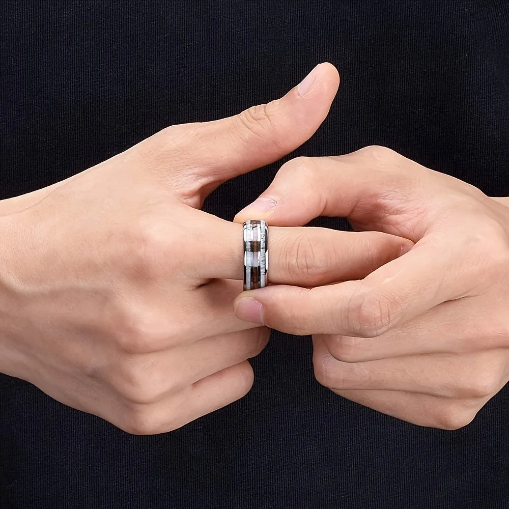 Fashion Silver Color Men's Stainless Steel Rings Koa Wood Deer Antler Inlay Dome Engagement Rings For Men Women Wedding