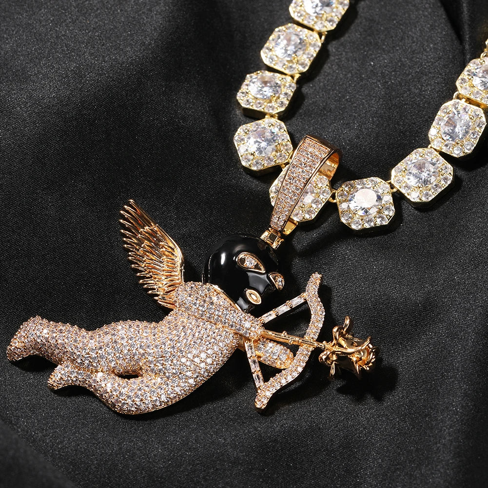 THE BLING KING Iced Full Zirconia Masked Rose Cupid Angel Pendant Necklace Goddess of Love With Arrow 12mm Square Chain Jewelry
