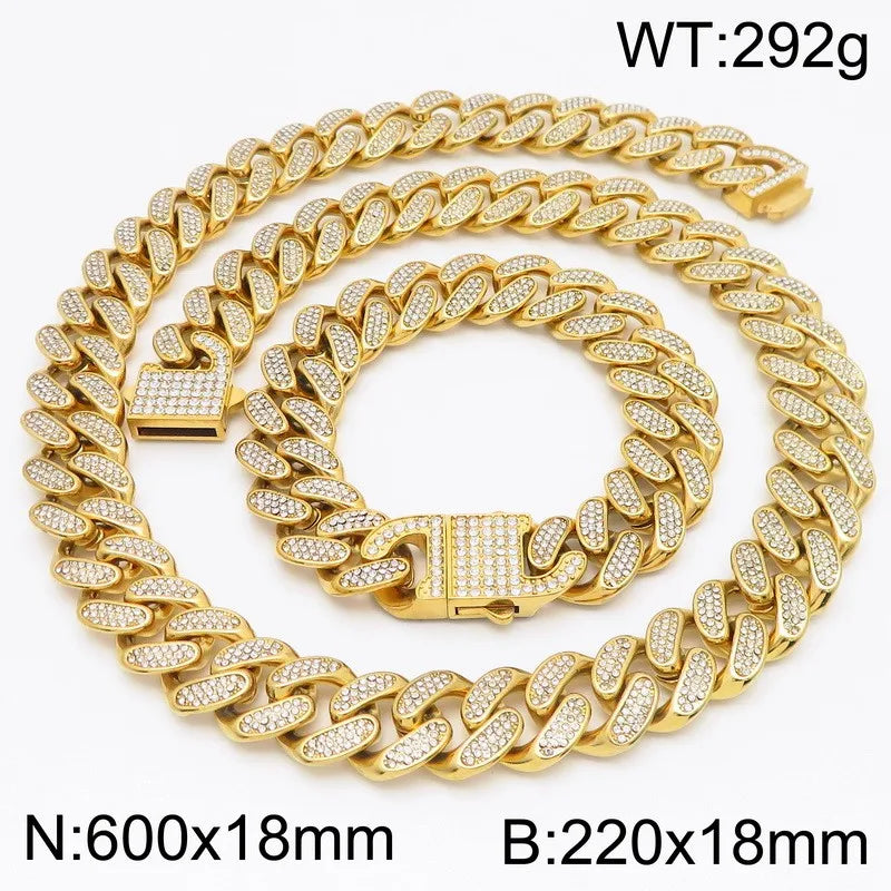 Hip Hop Heavy Cuban Link Chain Set Man Bracelet Necklace Luxury Gold Color Stainless Steel & Full CZ Men's Necklace &