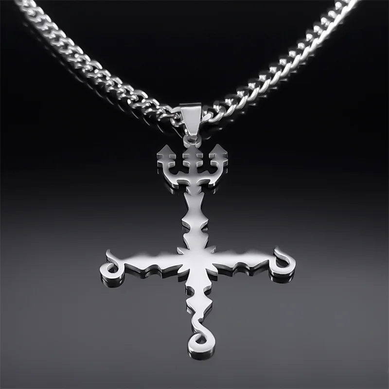 666 Inverted Cross Trident Necklace — Silver