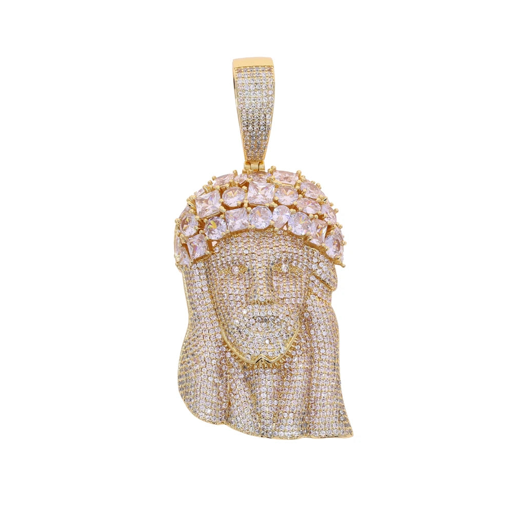Iced Out Rose Flower Jesus Head Pendant Necklace Two Tone Color CZ Zircon Faith Charm Men Women Hip Hop Fashion Rock