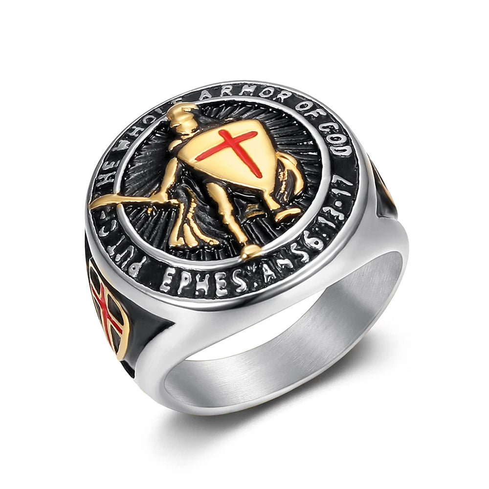 Vintage Stainless Steel Knights Templar Rings For Men Women Hip Hop Biker Cross Warriors Red Shield Ring Amulet Jewelry