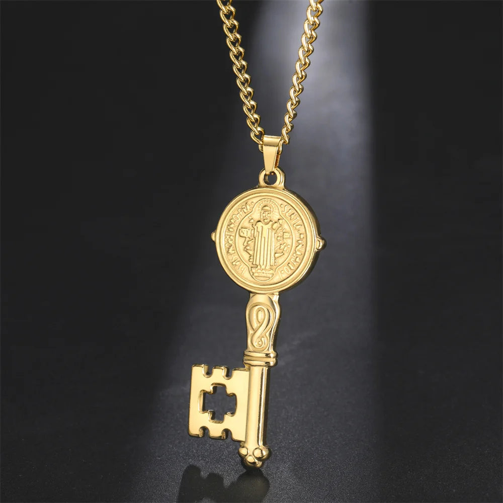 My Shape Saint Benedict Key Necklace for Women Men St. Benedict Key Shape Medal Pendants Chain Stainless Steel Religious Jewelry
