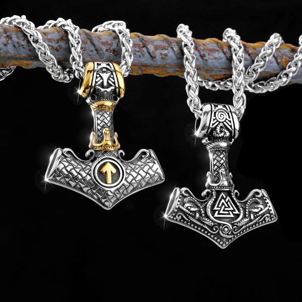 Men's Stainless Steel Thor's Hammer Viking Necklace Triangle Rune Keel Charm Fashion Pendant Necklace Amulet Jewelry