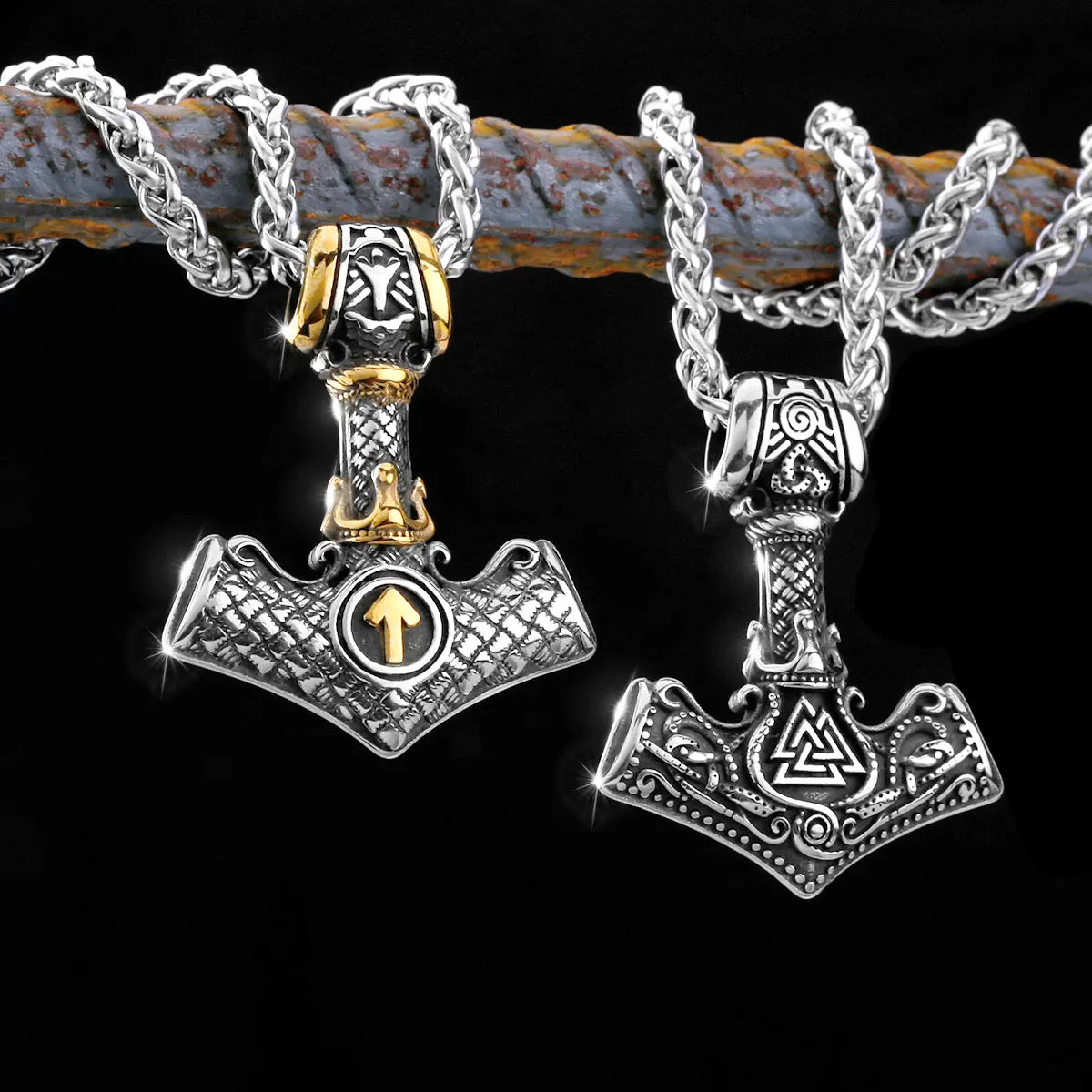 Men's Stainless Steel Thor's Hammer Viking Necklace Triangle Rune Keel Charm Fashion Pendant Necklace Amulet Jewelry