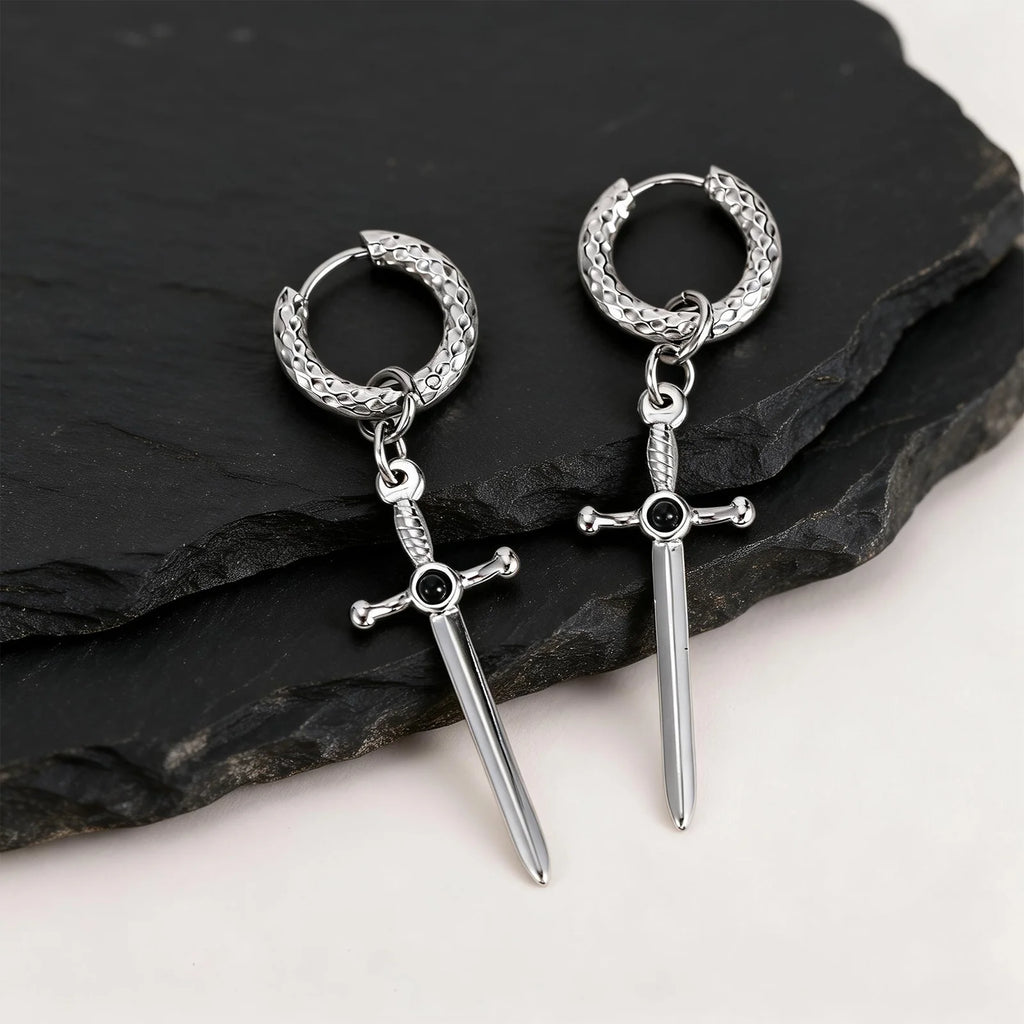 Vnox Stainless Steel Black Onyx Sword Huggie Hoop Earrings Punk Rock Dangle Earring for Men Women Couples Trendy Gothic