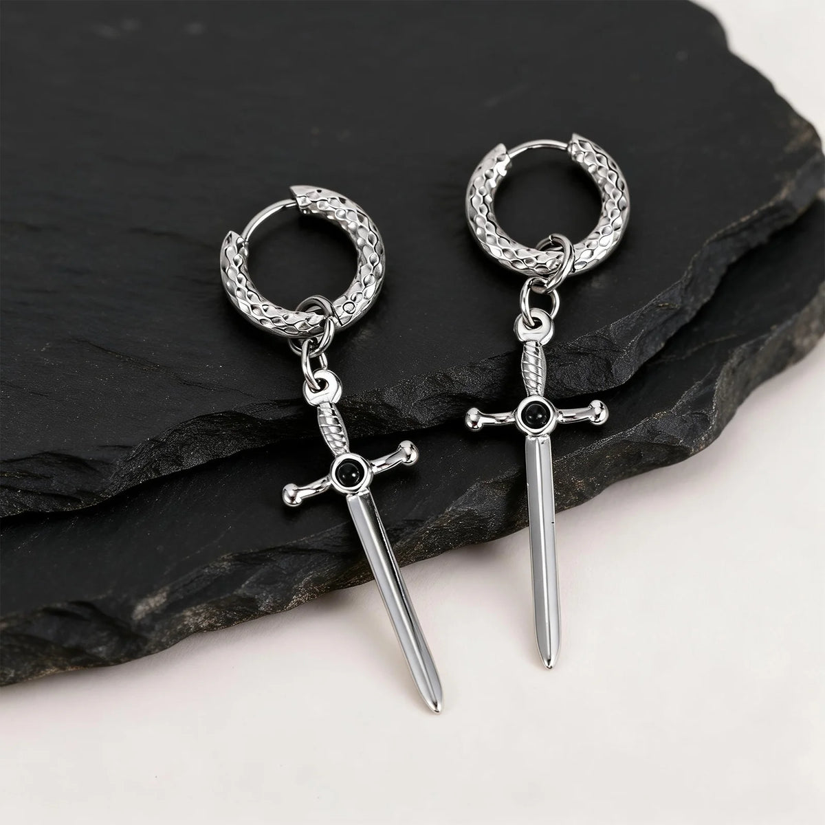 Vnox Stainless Steel Black Onyx Sword Huggie Hoop Earrings Punk Rock Dangle Earring for Men Women Couples Trendy Gothic