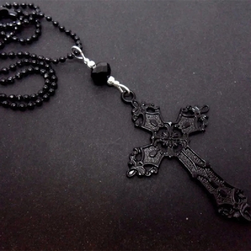 Gothic Hollow Relief Cross Pendant Beaded Chain Necklace — Black