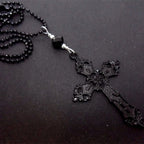 Gothic Hollow Relief Cross Pendant Beaded Chain Necklace — Black