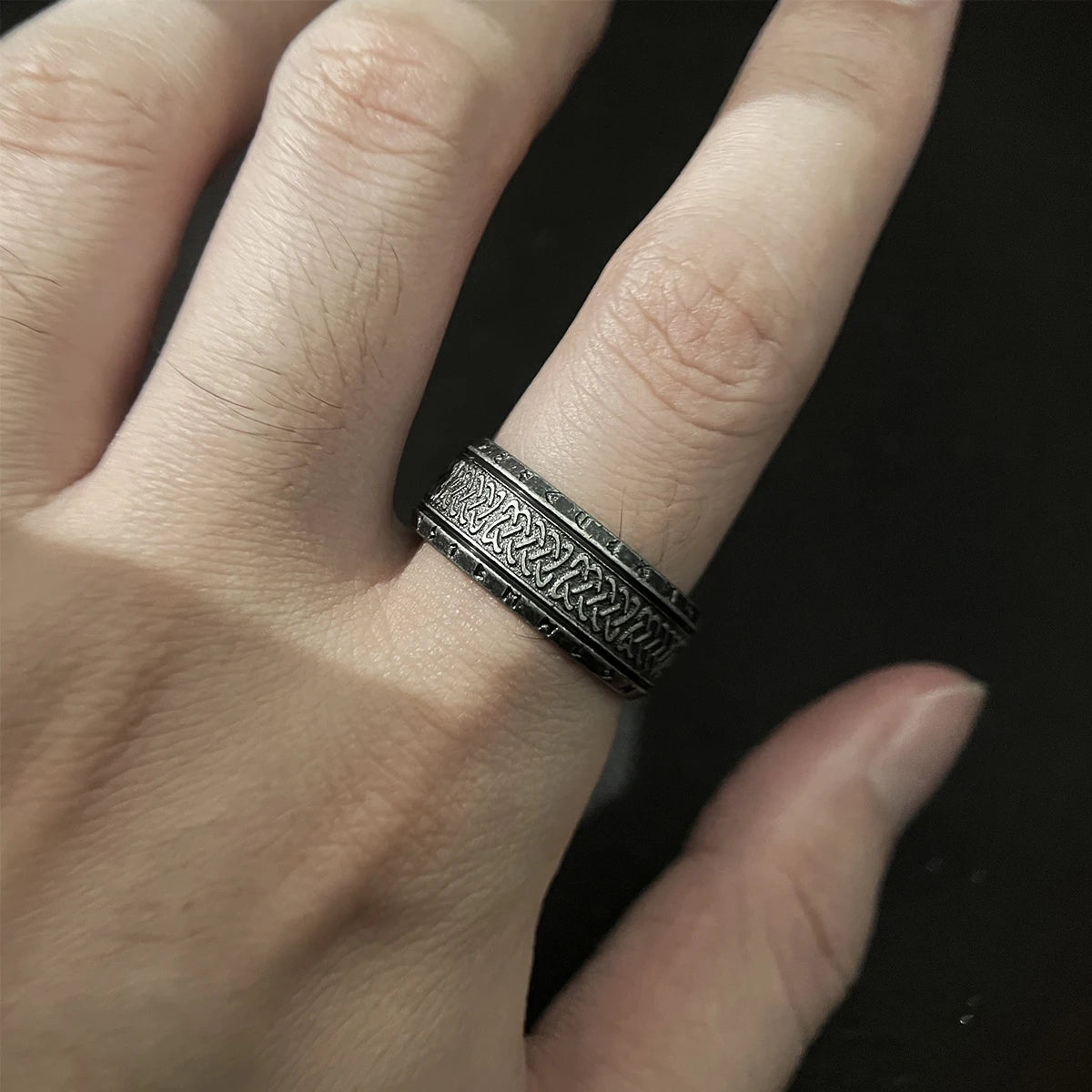Antique Rune Pattern Engraved Stainless Steel Ring for Men Viking Punk Gothic Edgy Jewelry Mystic Biker Accessories