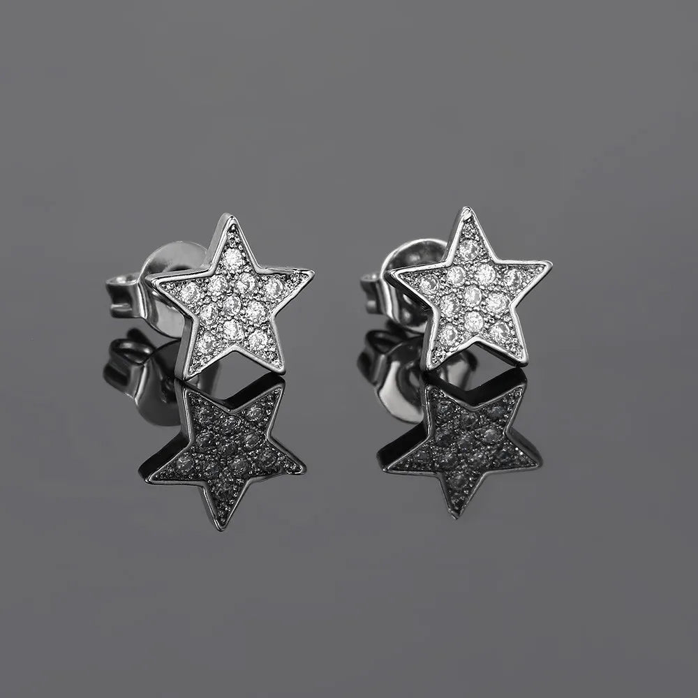 Iced Out Star Stud Earrings Stainless Steel CZ