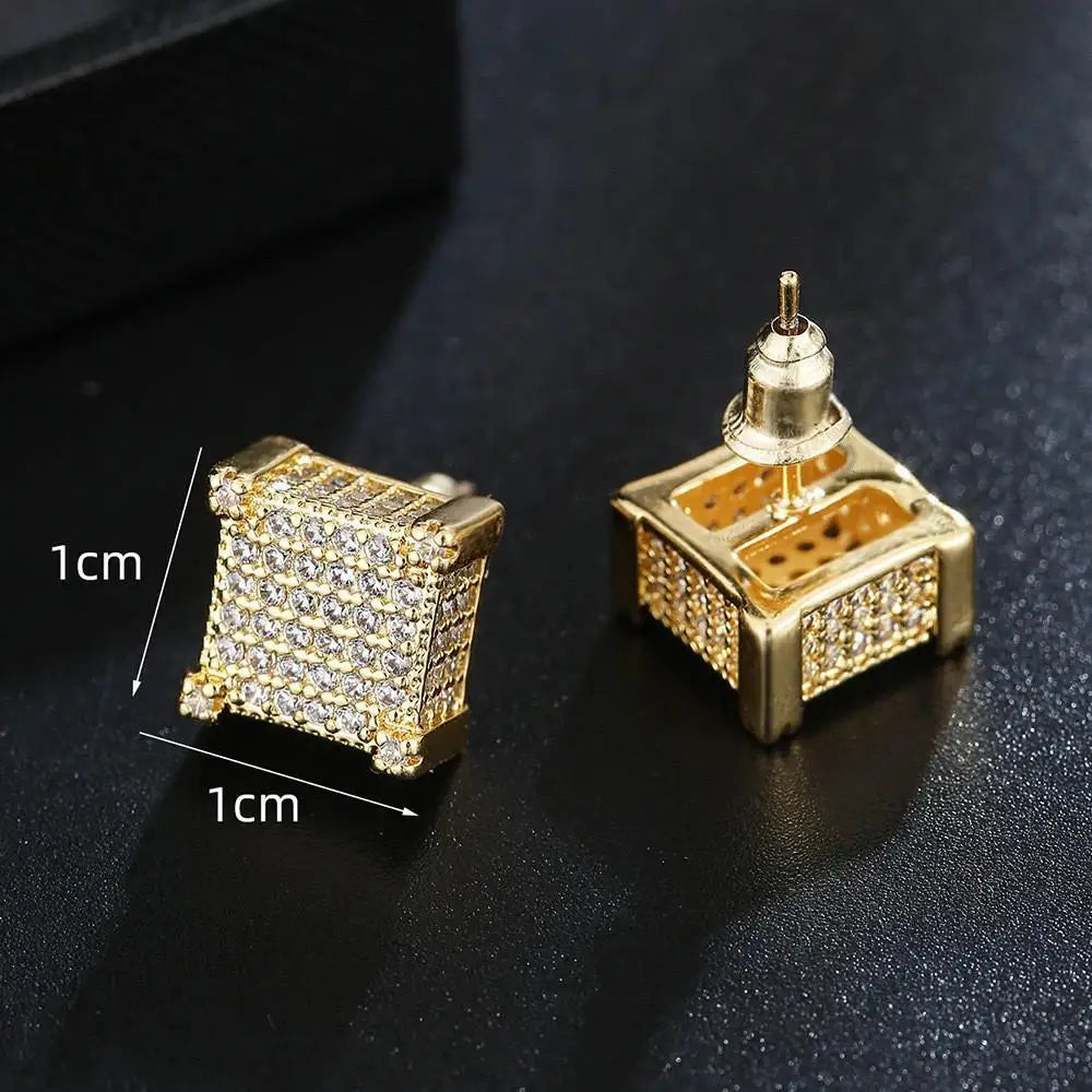 Iced Out Square Zirconia Stud Earrings for Men Women — Gold-Tone