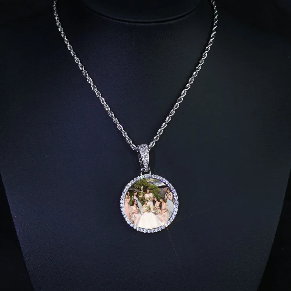 HHIOK Customized Necklaces Circle Chain Picture Personalized Diamond Memory Pendant with Photo Wing Design Gift for Men