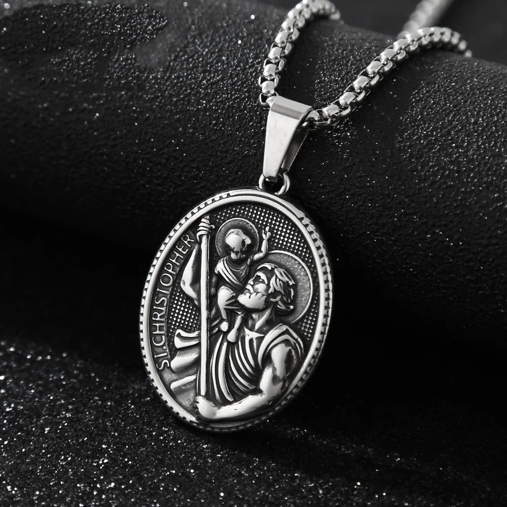 Religious St. Christopher Protect Us Necklace For Men Stainless Steel Geometric Oval Pendant Collares Jewelry