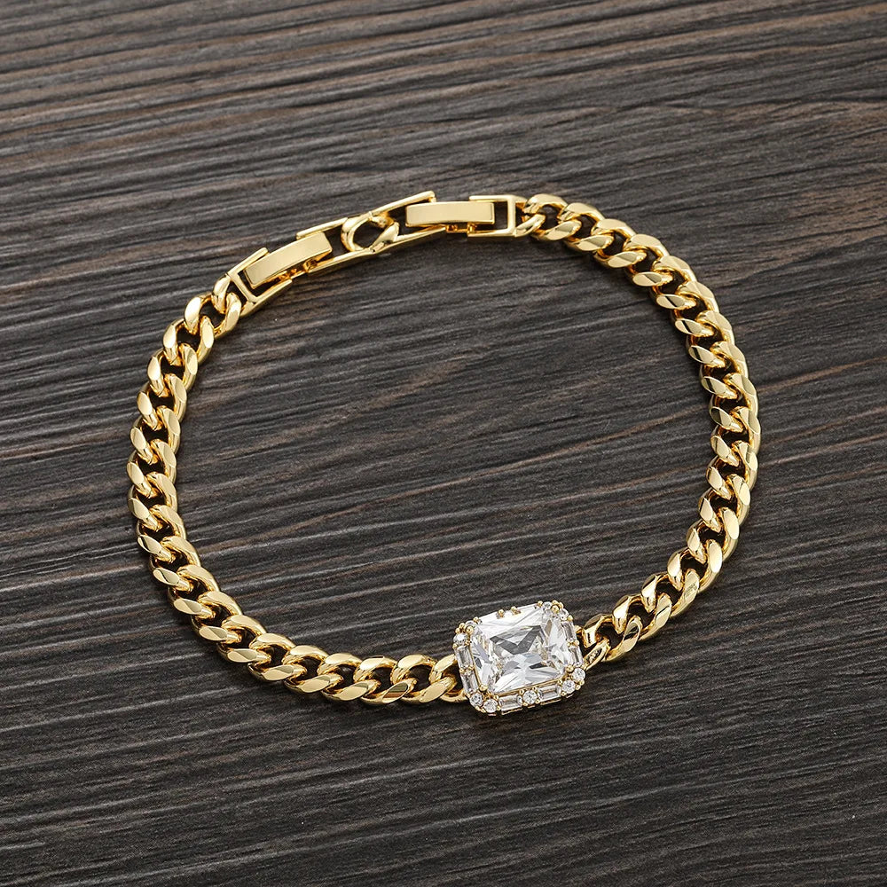 Iced Out Cuban Bracelet Stainless Steel Square Stone